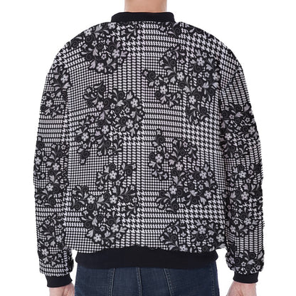 Black And White Floral Glen Plaid Print Zip Sleeve Bomber Jacket