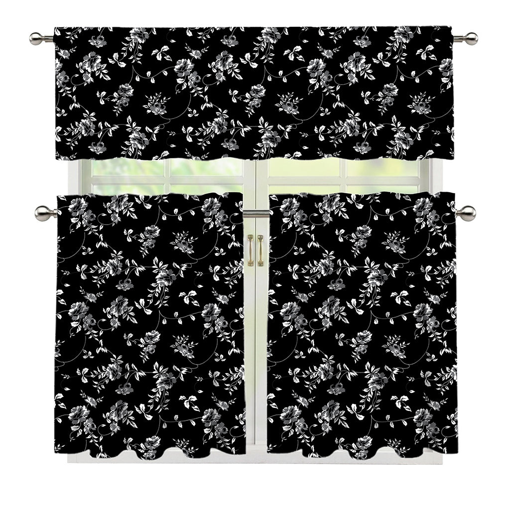 Black And White Flower Print 3 Piece Kitchen Curtains