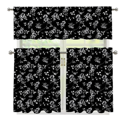 Black And White Flower Print 3 Piece Kitchen Curtains