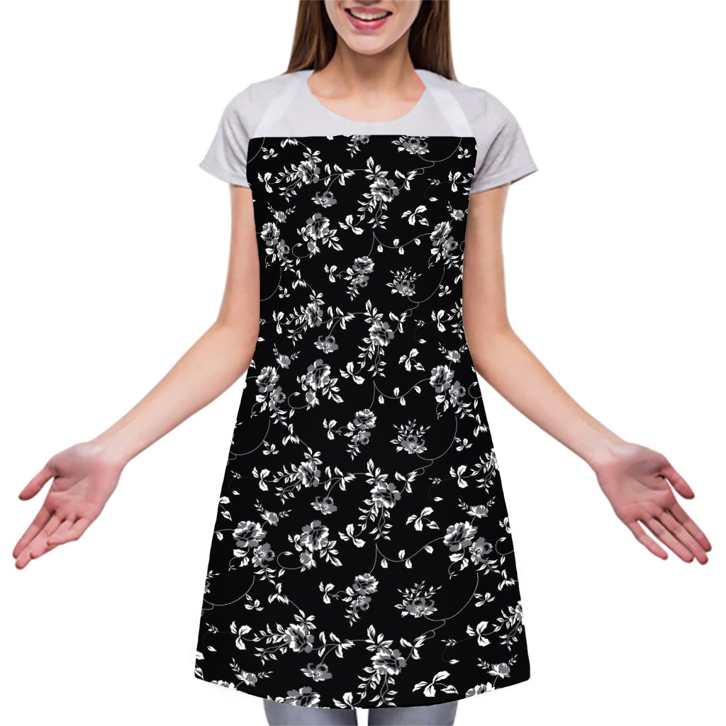 Black And White Flower Print Adjustable Apron