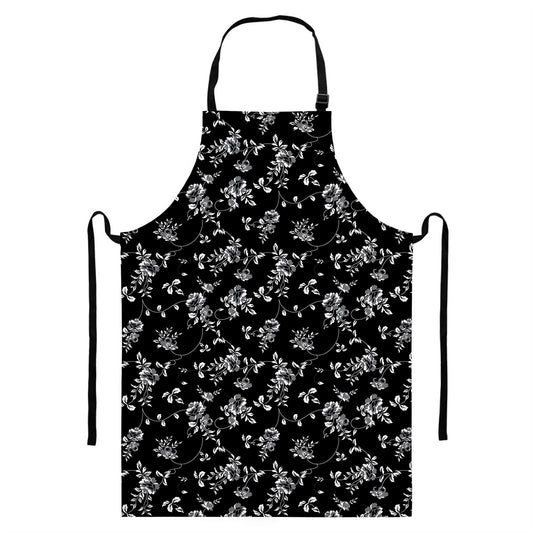 Black And White Flower Print Bib Apron With Pocket