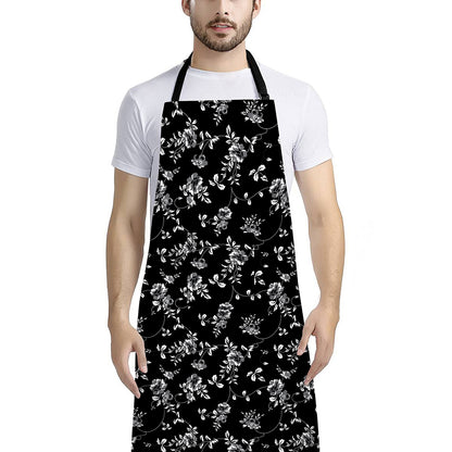 Black And White Flower Print Bib Apron With Pocket