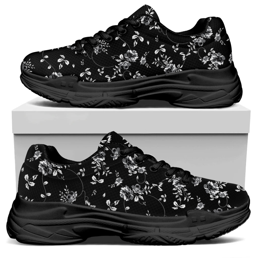 Black And White Flower Print Black Chunky Shoes