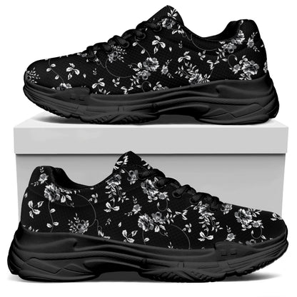 Black And White Flower Print Black Chunky Shoes
