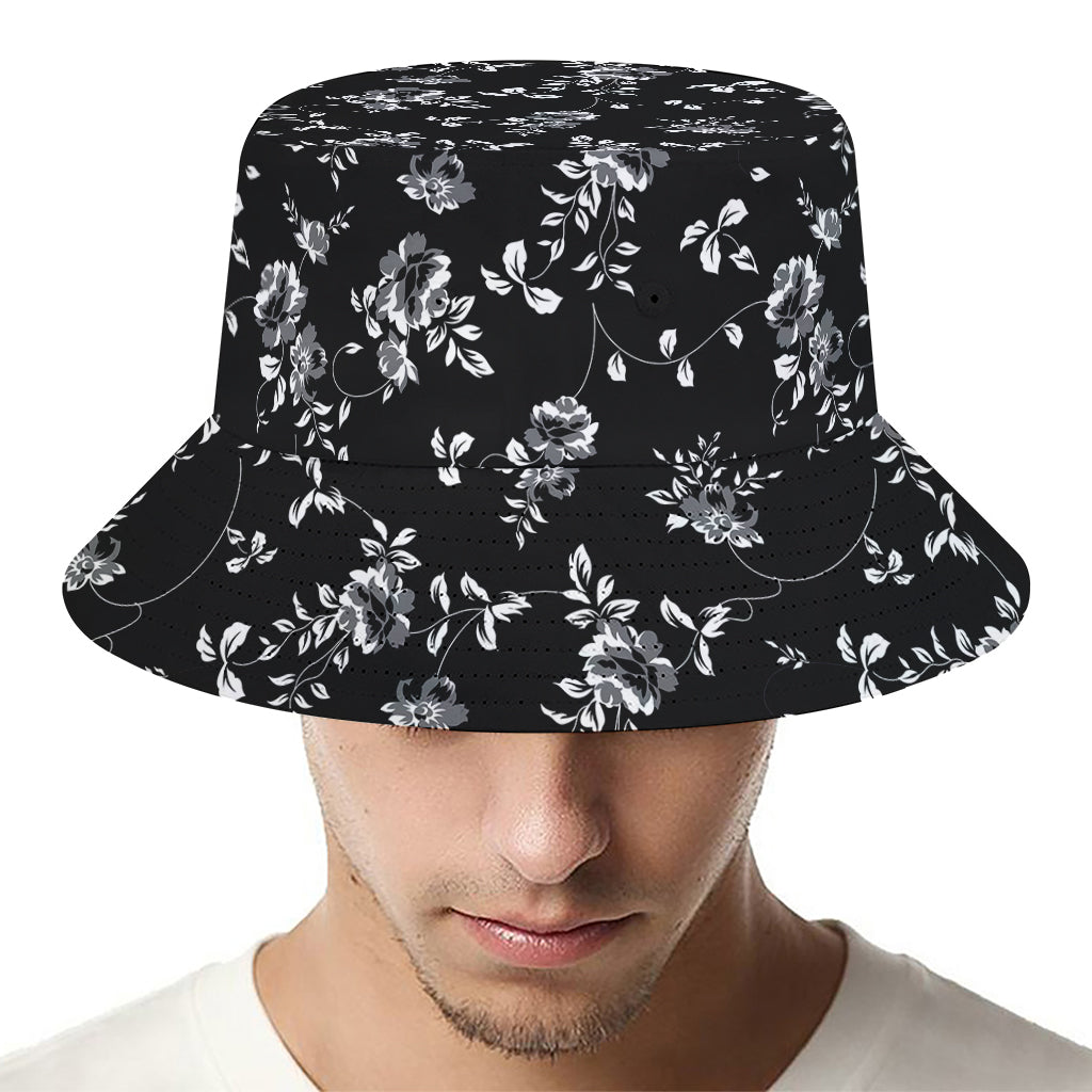 Black And White Flower Print Bucket Hat