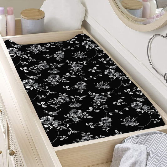 Black And White Flower Print Changing Pad Cover