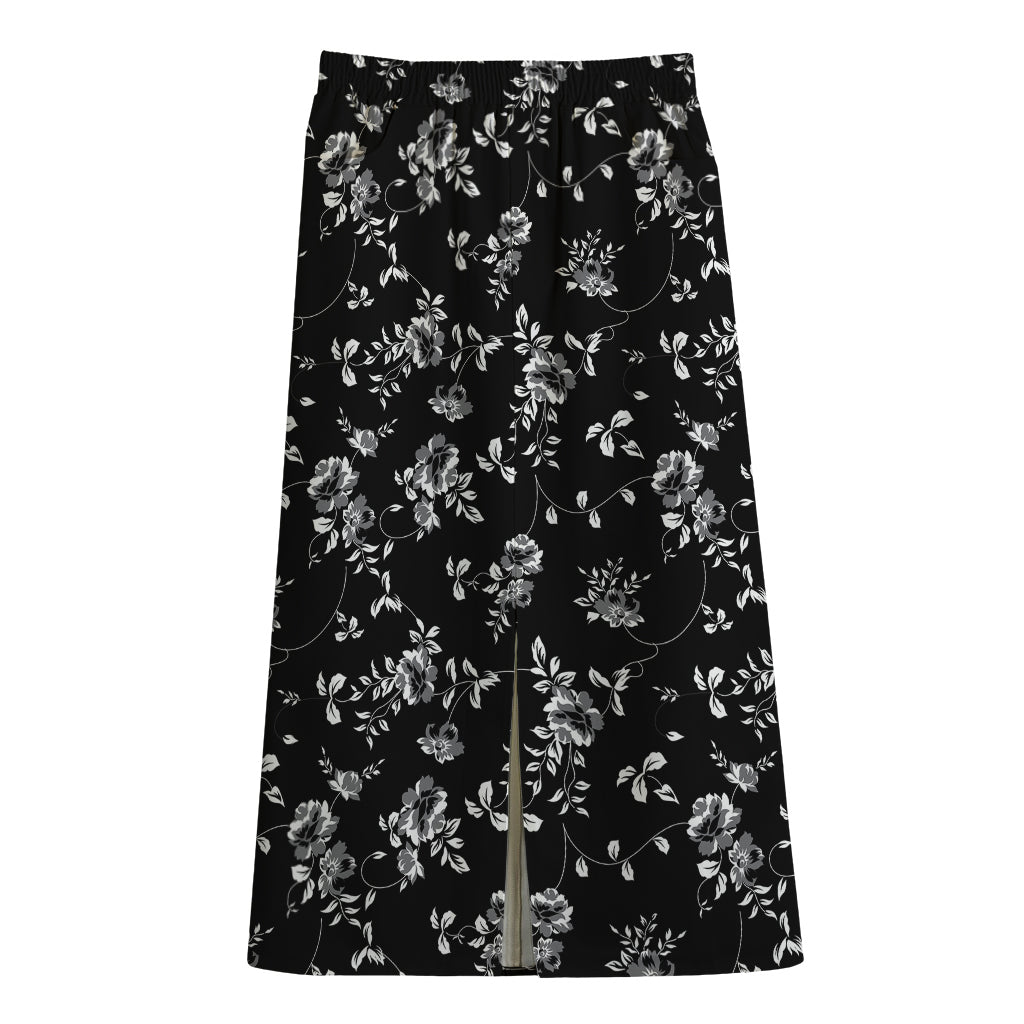 Black And White Flower Print Cotton Front Slit Maxi Skirt