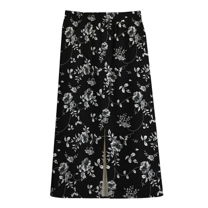 Black And White Flower Print Cotton Front Slit Maxi Skirt