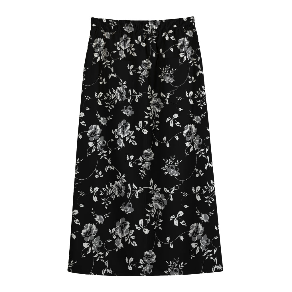 Black And White Flower Print Cotton Front Slit Maxi Skirt