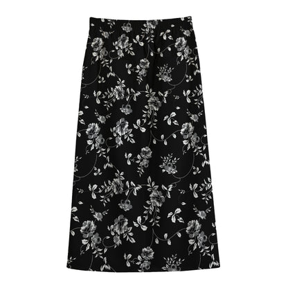 Black And White Flower Print Cotton Front Slit Maxi Skirt