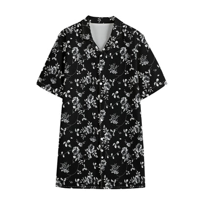 Black And White Flower Print Cotton Hawaiian Shirt