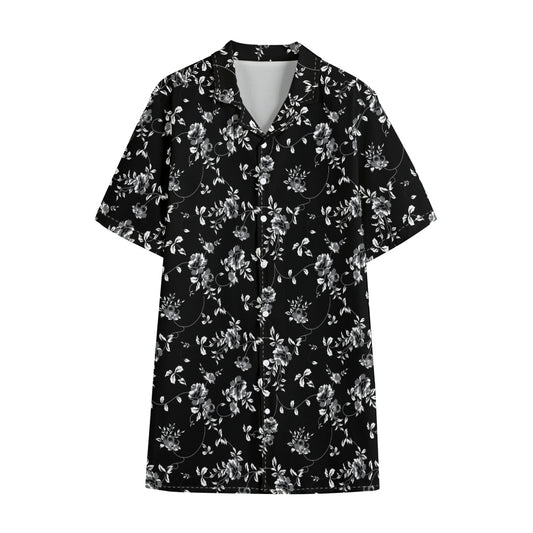 Black And White Flower Print Cotton Hawaiian Shirt
