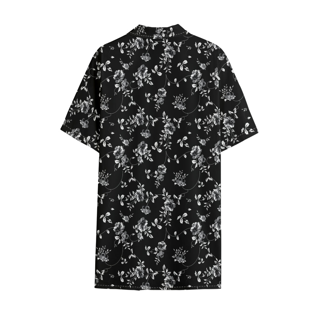 Black And White Flower Print Cotton Hawaiian Shirt