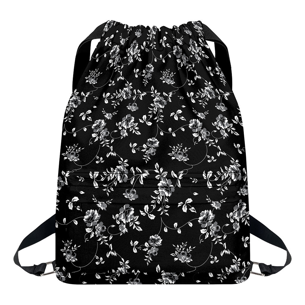 Black And White Flower Print Drawstring Backpack