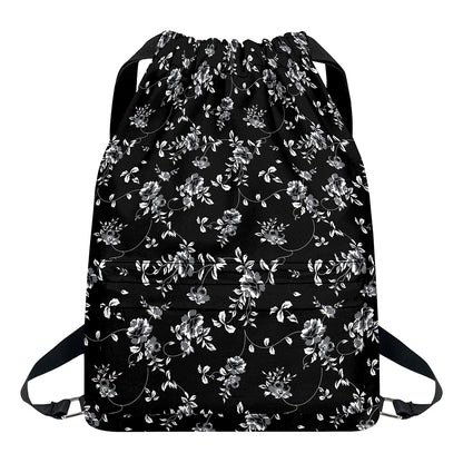 Black And White Flower Print Drawstring Backpack