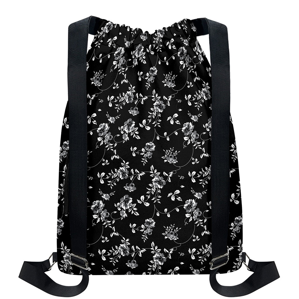 Black And White Flower Print Drawstring Backpack