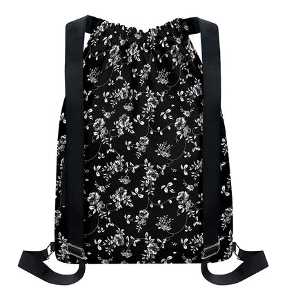 Black And White Flower Print Drawstring Backpack