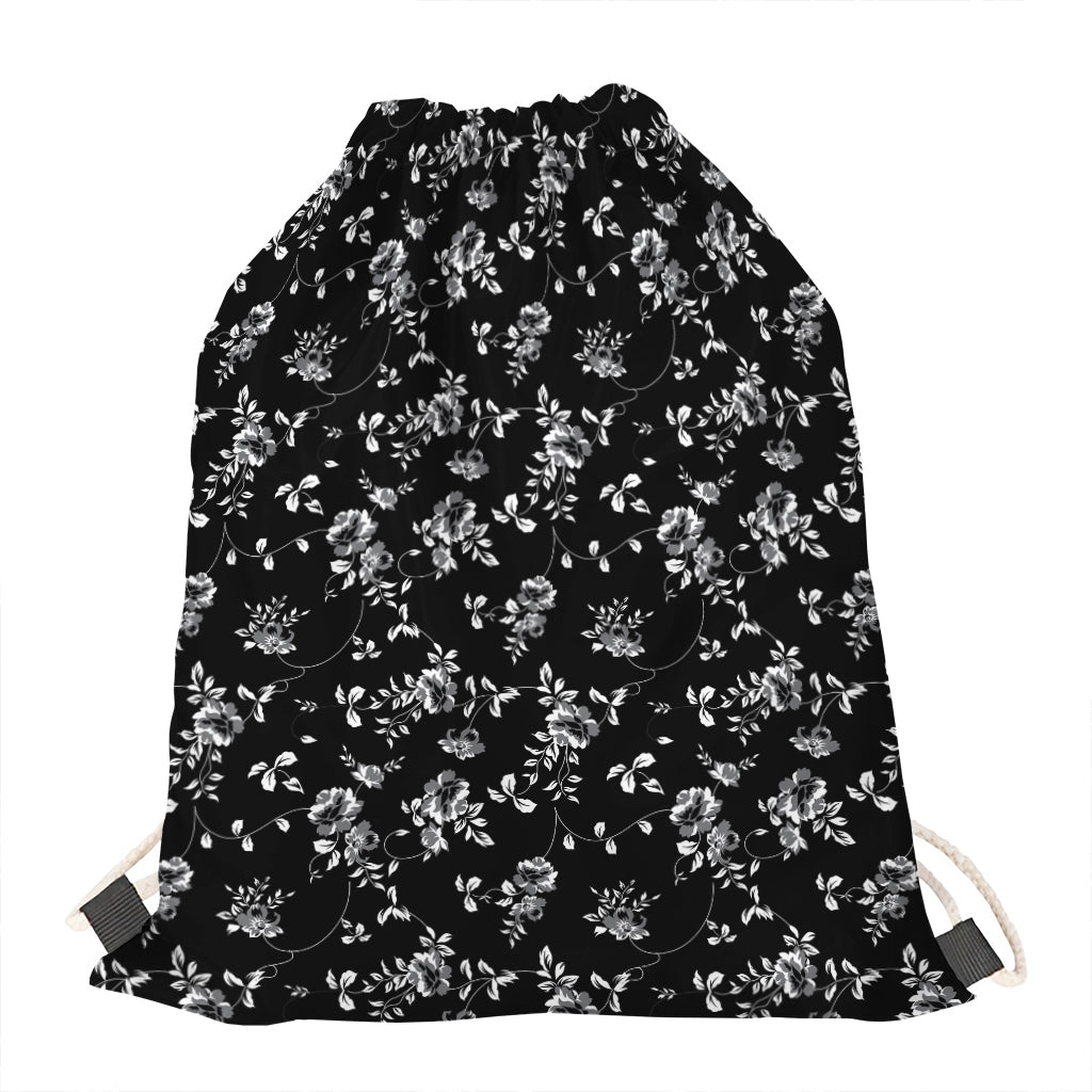 Black And White Flower Print Drawstring Bag
