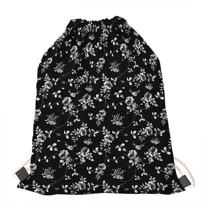 Black And White Flower Print Drawstring Bag