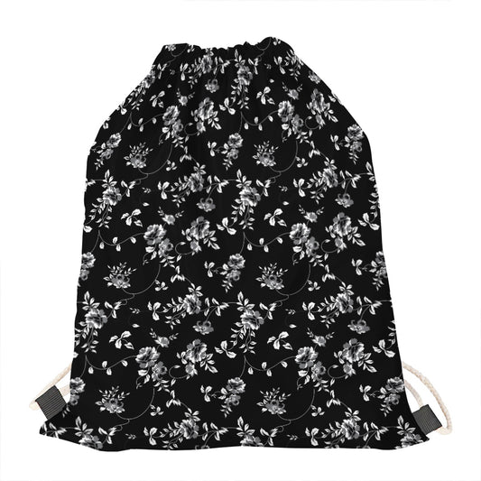 Black And White Flower Print Drawstring Bag