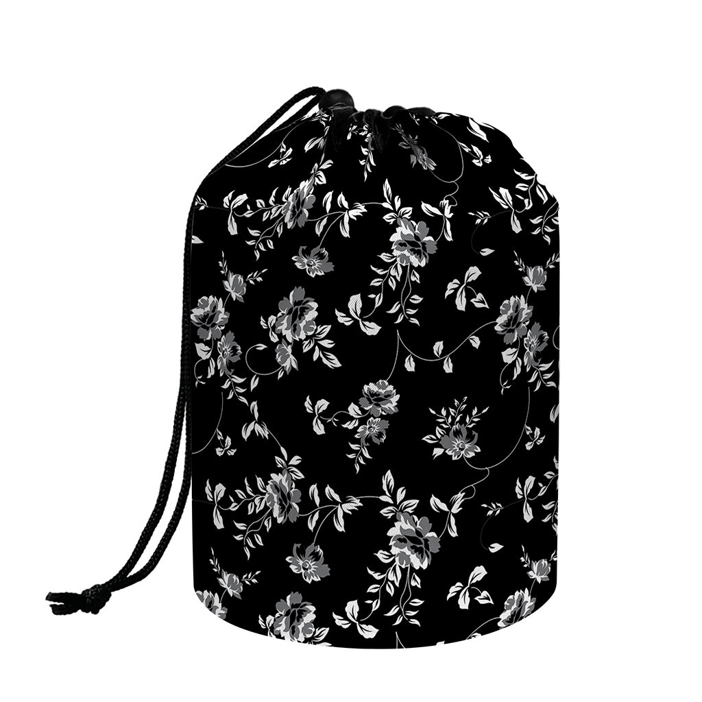 Black And White Flower Print Drawstring Makeup Bag