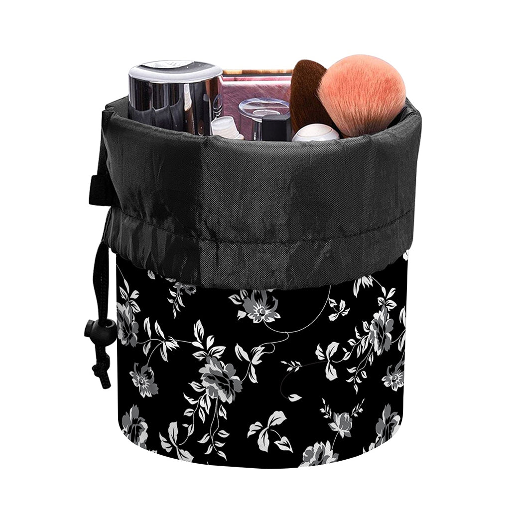 Black And White Flower Print Drawstring Makeup Bag