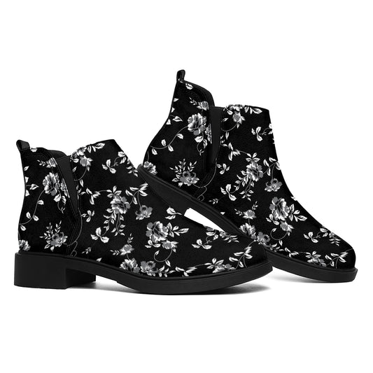 Black And White Flower Print Flat Ankle Boots