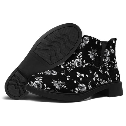 Black And White Flower Print Flat Ankle Boots