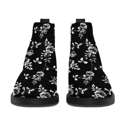 Black And White Flower Print Flat Ankle Boots