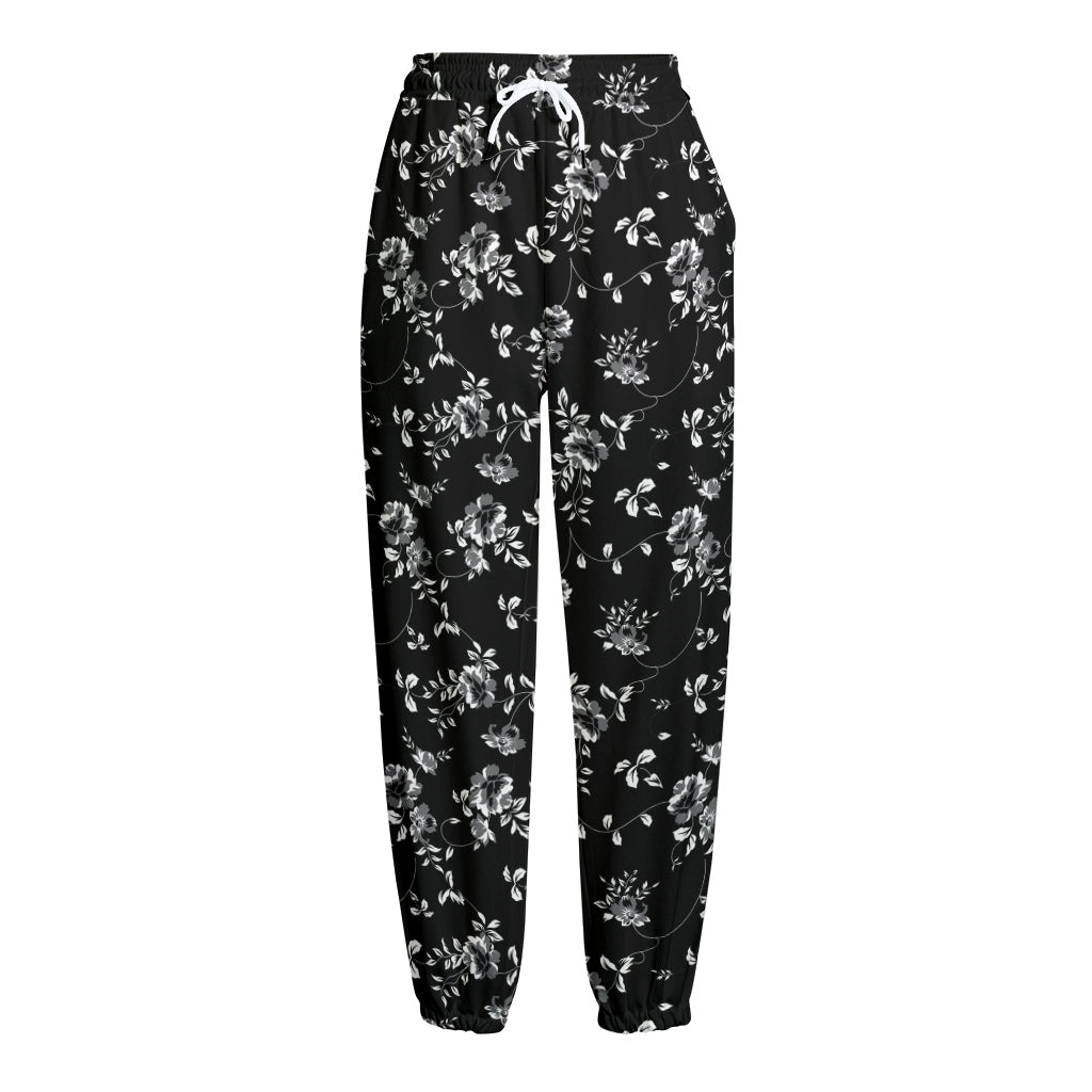 Black And White Flower Print Fleece Lined Knit Pants