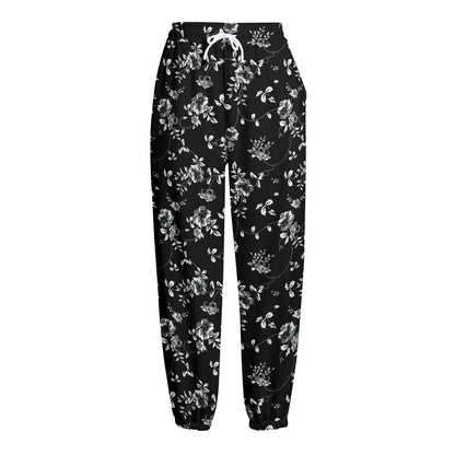 Black And White Flower Print Fleece Lined Knit Pants