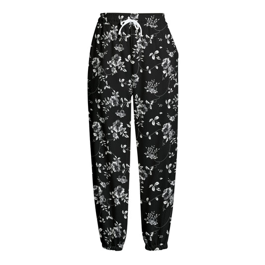 Black And White Flower Print Fleece Lined Knit Pants