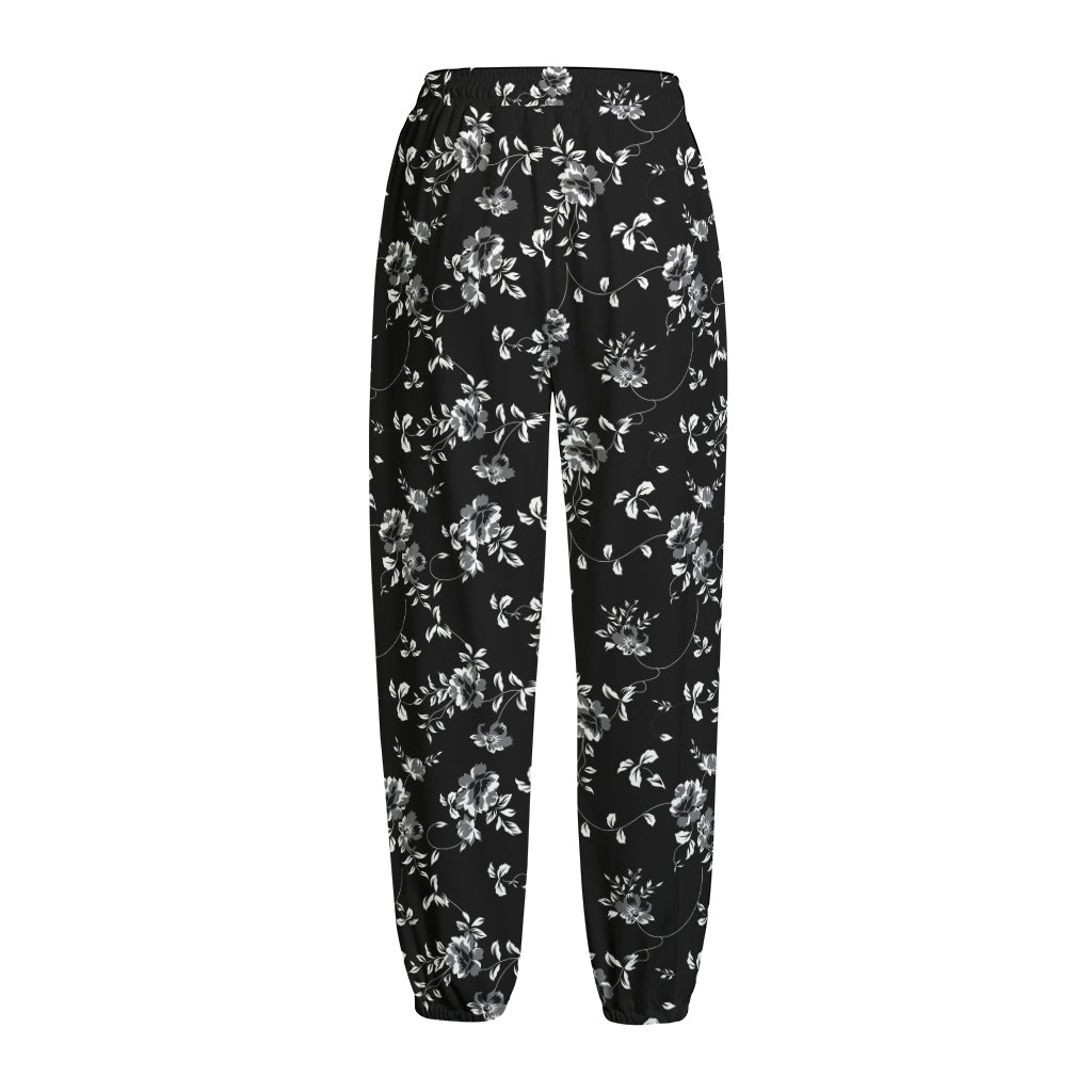 Black And White Flower Print Fleece Lined Knit Pants