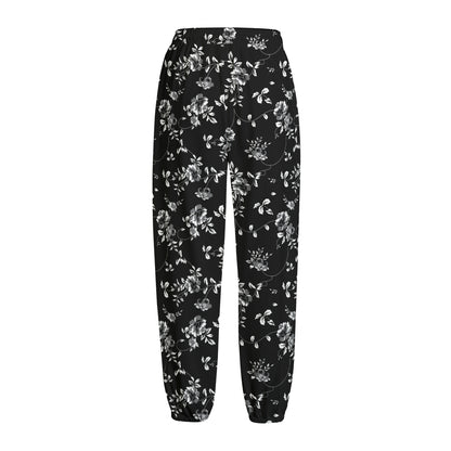 Black And White Flower Print Fleece Lined Knit Pants