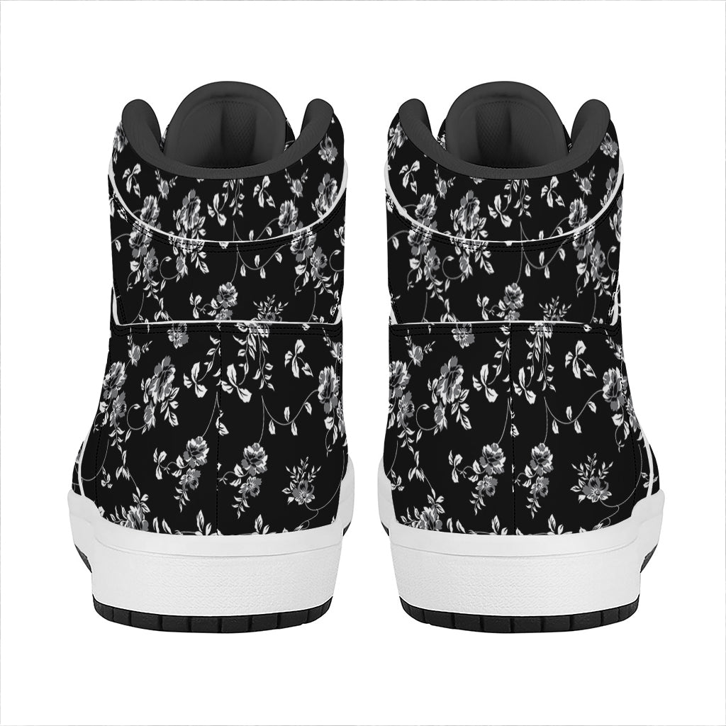 Black And White Flower Print High Top Leather Sneakers