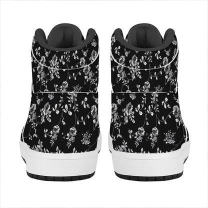 Black And White Flower Print High Top Leather Sneakers