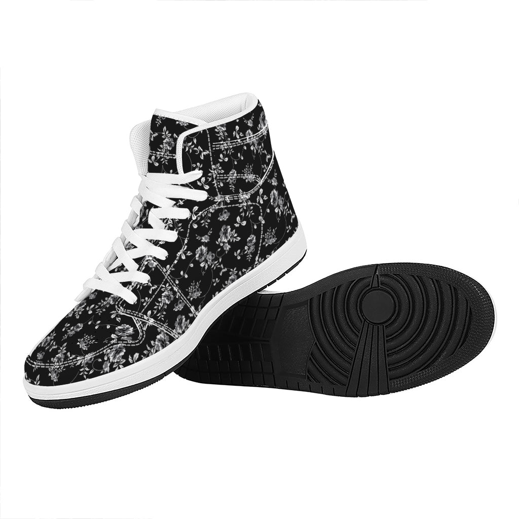 Black And White Flower Print High Top Leather Sneakers