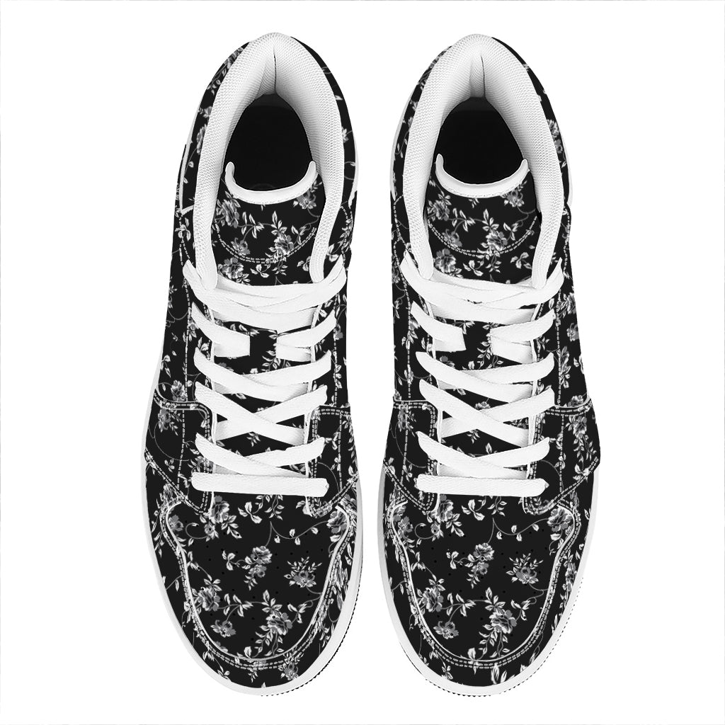 Black And White Flower Print High Top Leather Sneakers
