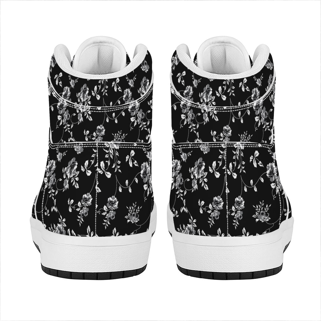 Black And White Flower Print High Top Leather Sneakers