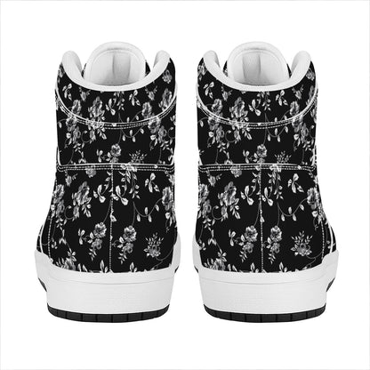 Black And White Flower Print High Top Leather Sneakers