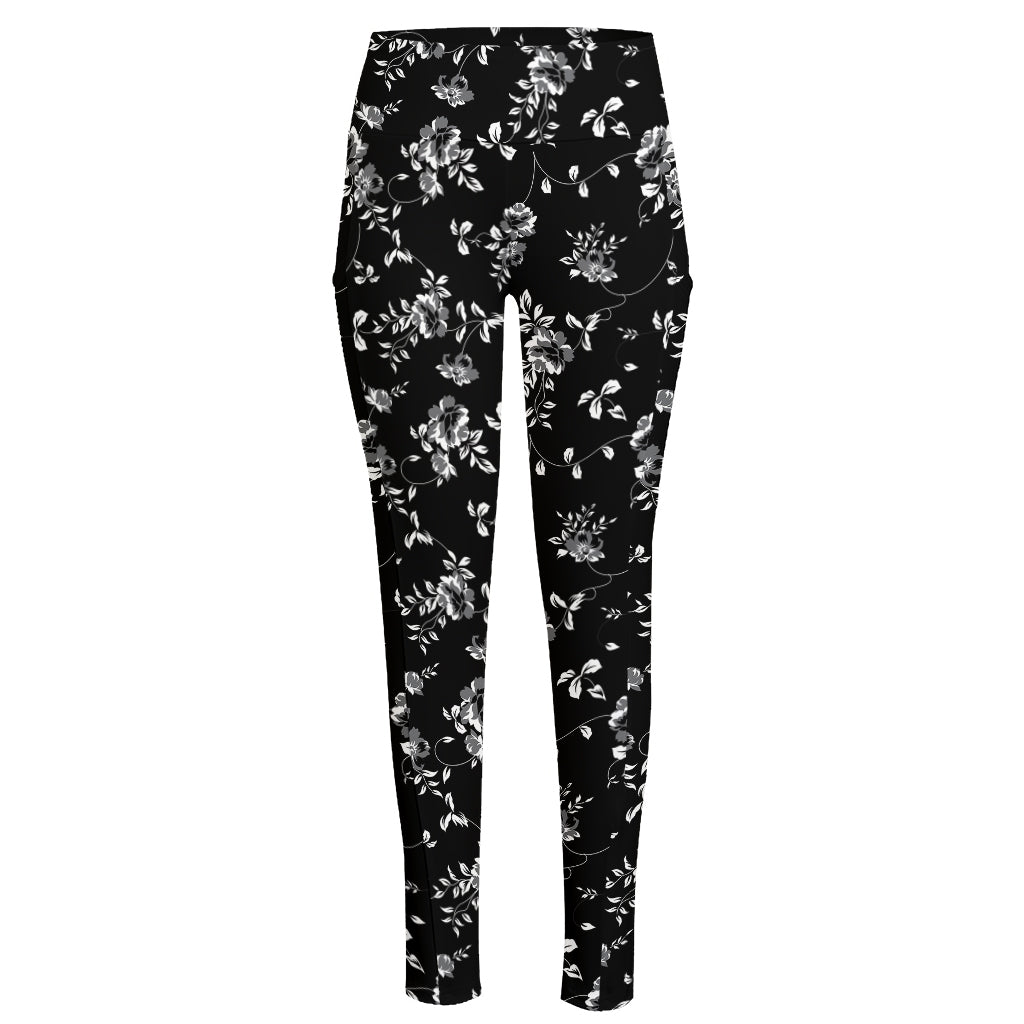 Black And White Flower Print High-Waisted Pocket Leggings