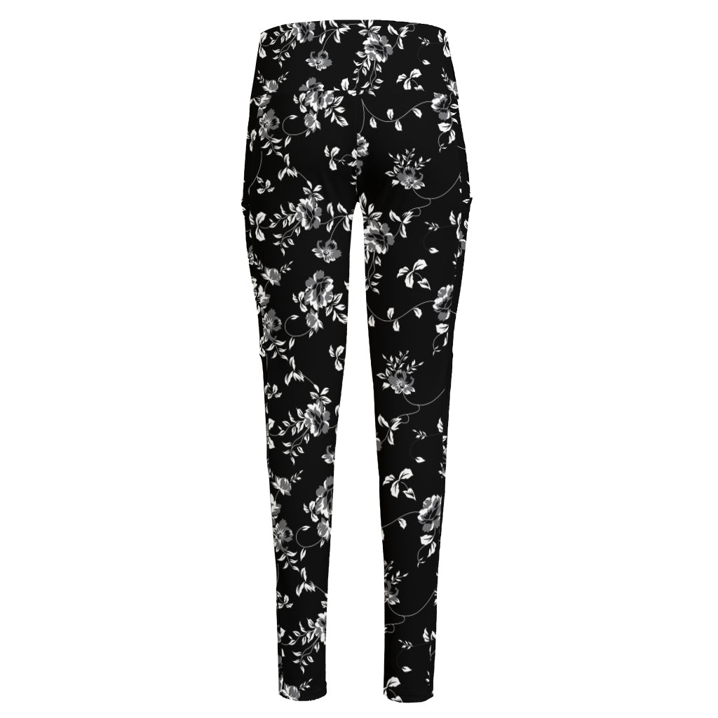 Black And White Flower Print High-Waisted Pocket Leggings
