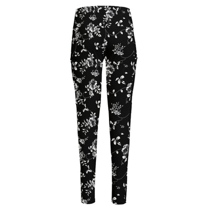 Black And White Flower Print High-Waisted Pocket Leggings