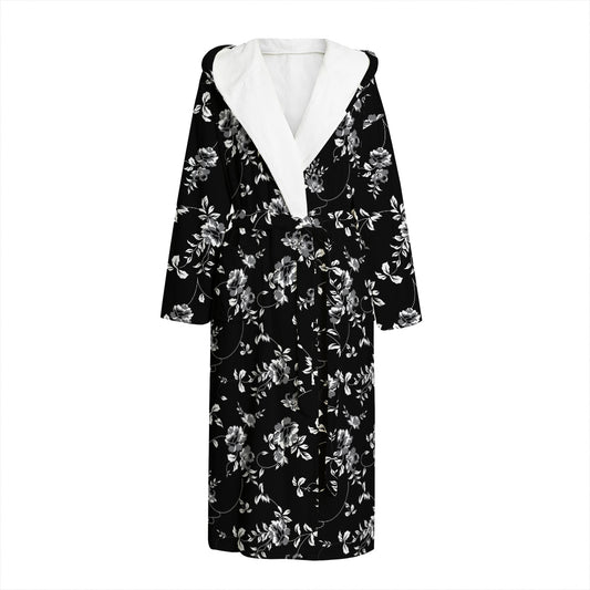 Black And White Flower Print Hooded Bathrobe