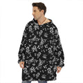 Black And White Flower Print Hoodie Blanket