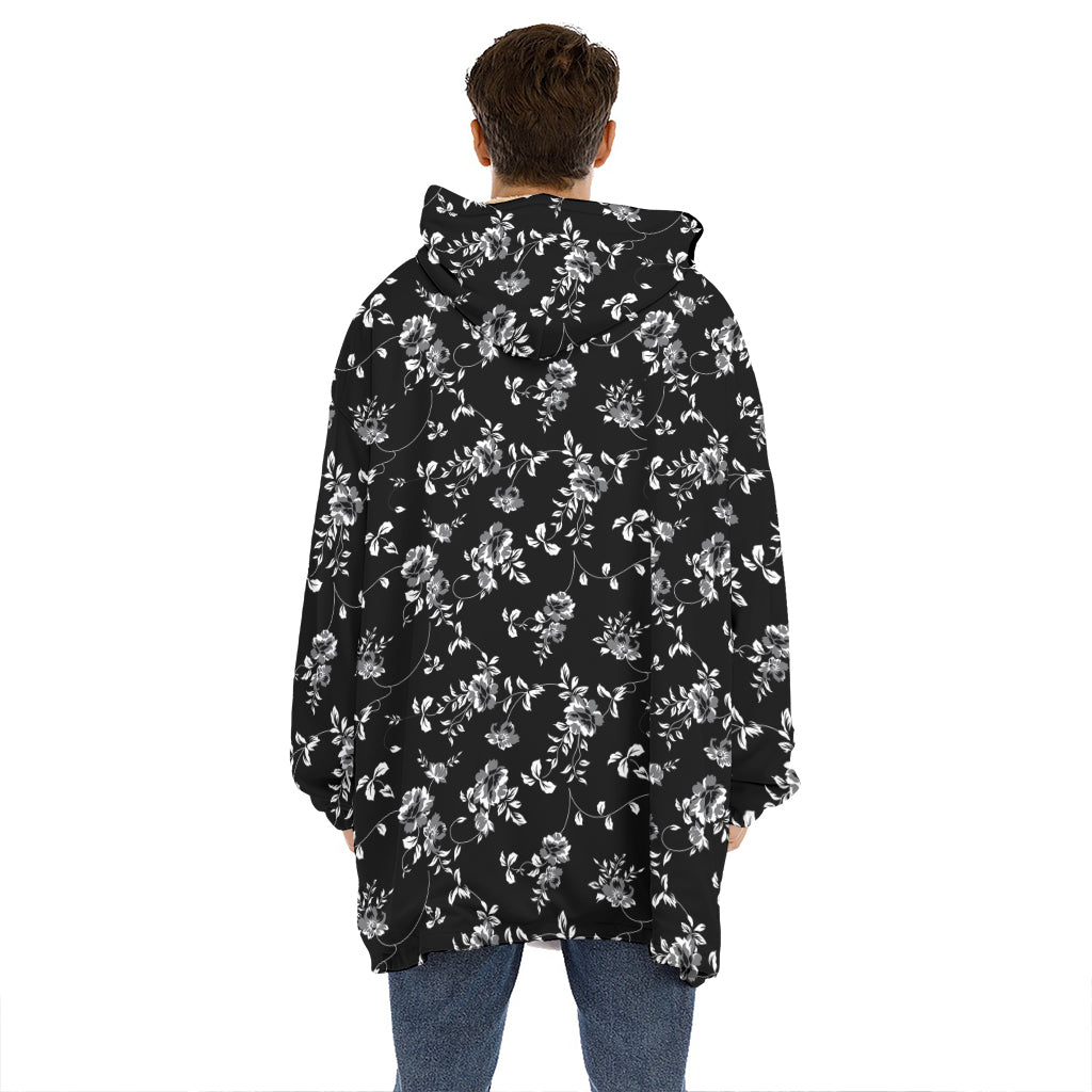 Black And White Flower Print Hoodie Blanket
