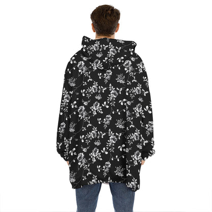 Black And White Flower Print Hoodie Blanket