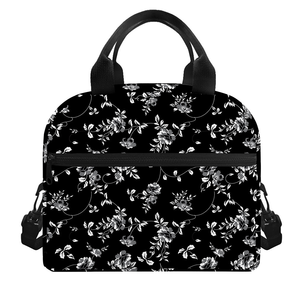 Black And White Flower Print Insulated Lunch Bag