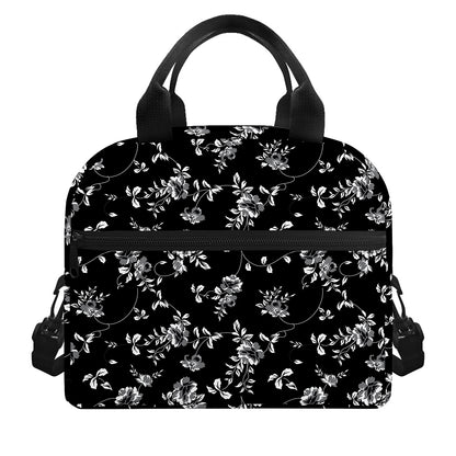 Black And White Flower Print Insulated Lunch Bag