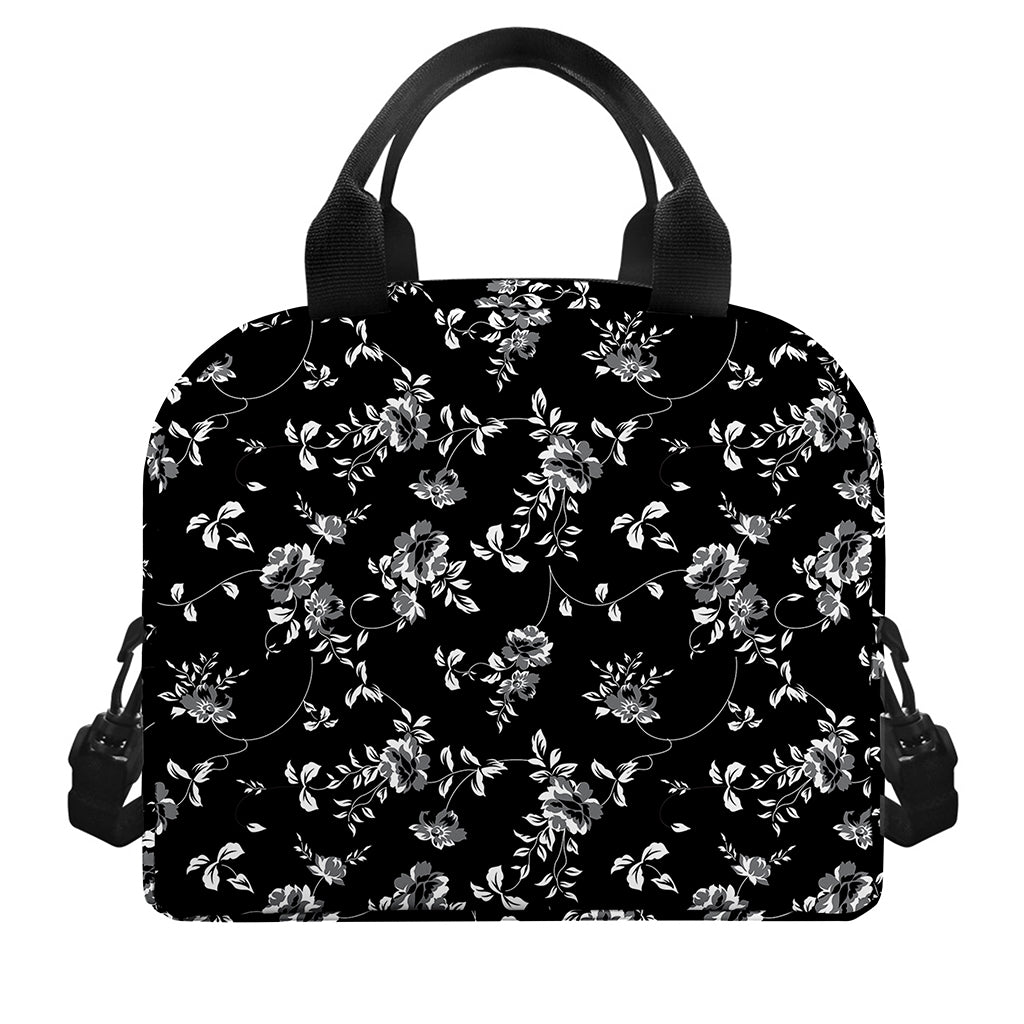 Black And White Flower Print Insulated Lunch Bag